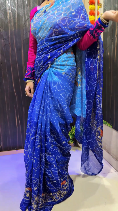 Royal Bandhani Georgette Saree with Golden Embroidery & Contrast Detailing