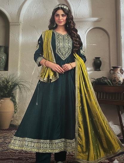 Emerald Grace Embroidered Anarkali Suit Set with Lime Dupatta