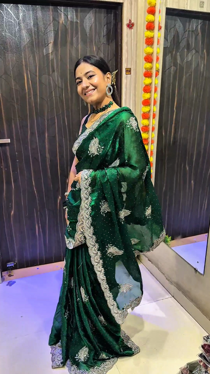 Jimmy Choo Emerald Green Designer Saree with Silver Zari Work