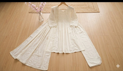 Ivory Embroidered Cotton Anarkali Suit Set with Palazzo & Dupatta
