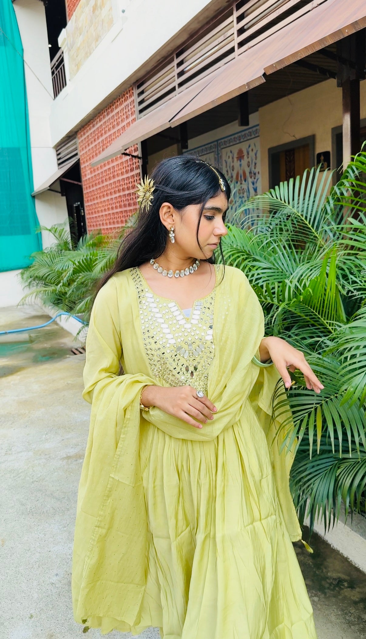 Lime Mirror Work Anarkali Suit Set | Festive Ethnic Wear for Women