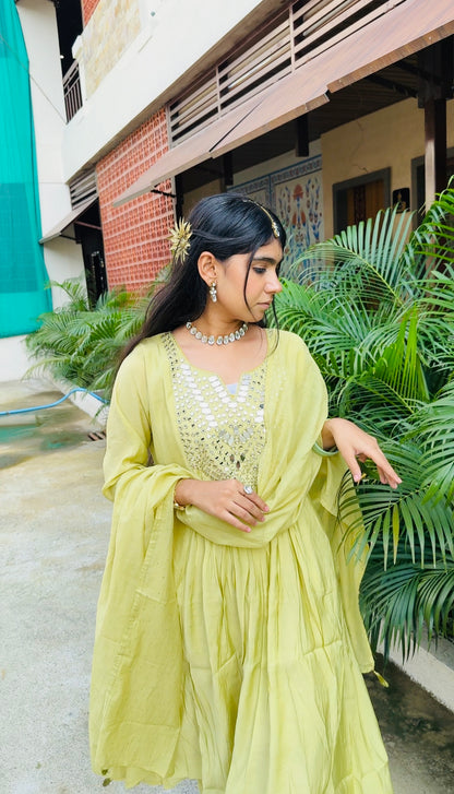 Lime Mirror Work Anarkali Suit Set | Festive Ethnic Wear for Women
