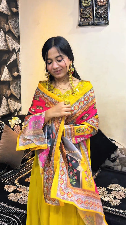 Sunshine Bloom Yellow Anarkali Set with Multicolor Printed Dupatta