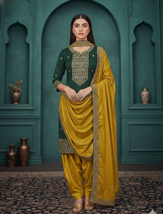 Emerald Noor Embroidered Kurta Set with Mustard Patiala & Dupatta