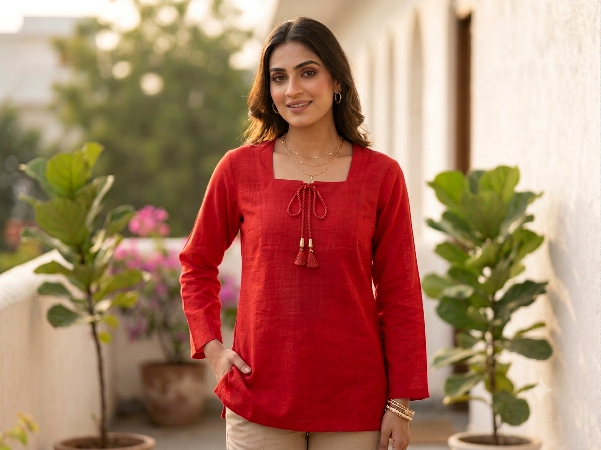 Women's Solid Red Cotton Blend Straight Fit Top with Tassel Tie Neck | Casual & Ethnic Wear