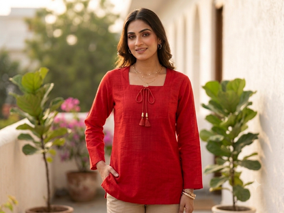 Women's Solid Red Cotton Blend Straight Fit Top with Tassel Tie Neck | Casual & Ethnic Wear
