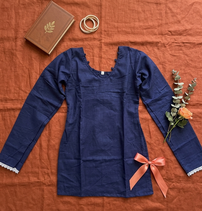 Navy Blue Solid Cotton Short Kurti with Pleated Front & Lace Sleeves