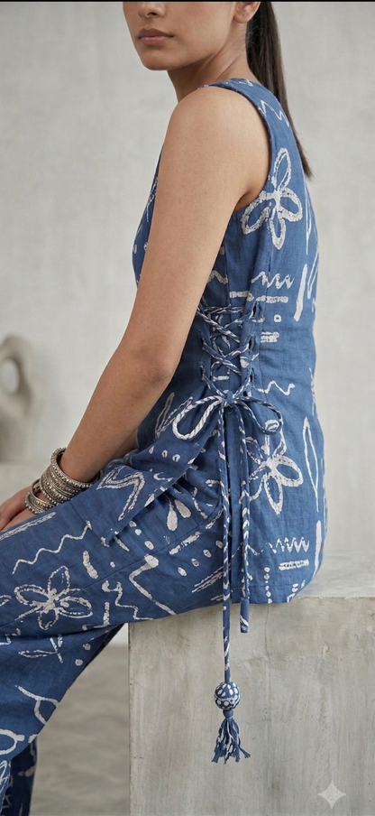 Women's Blue Printed Co-Ord Set | Sleeveless V-Neck Top with Wide Leg Pants | Casual & Summer Wear