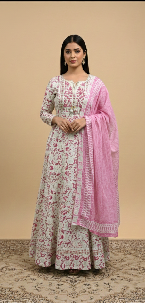 Blush Floral Printed Anarkali Gown with Pink Cotton Dupatta – Breezy Summer Ethnic Wear