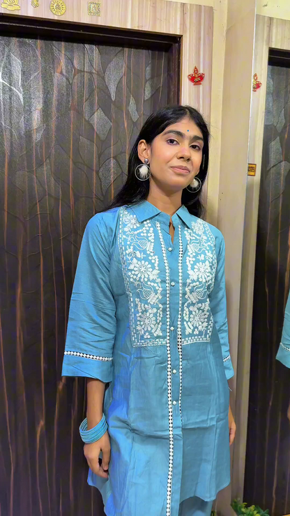 Blue Embroidered Cord Set with Pants