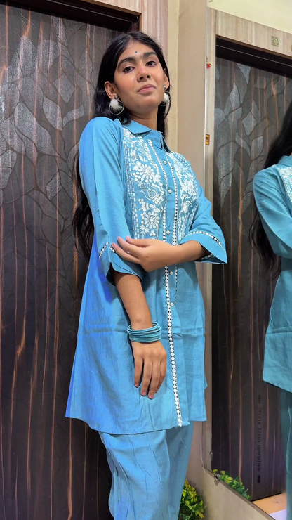 Blue Embroidered Cord Set with Pants