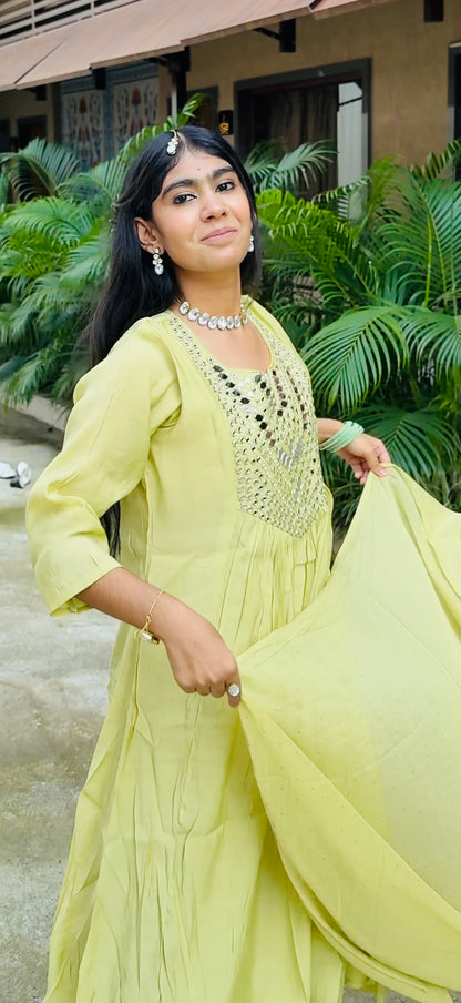 Lime Mirror Work Anarkali Suit Set | Festive Ethnic Wear for Women