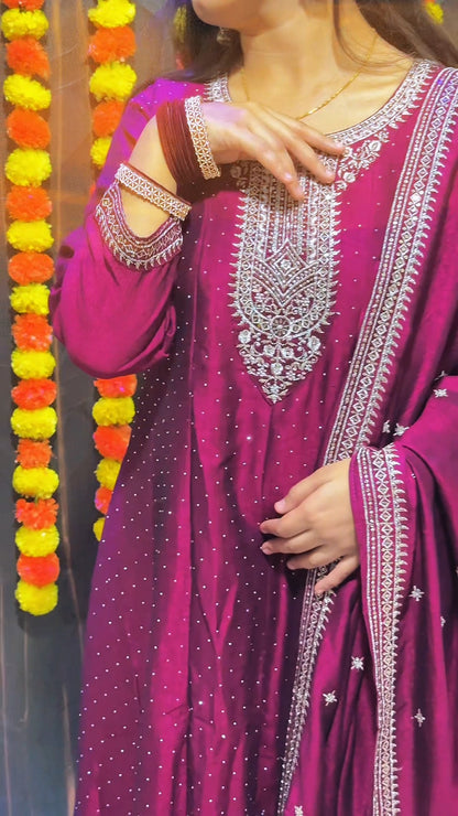 Embellished Maroon Anarkali Suit Set with Dupatta