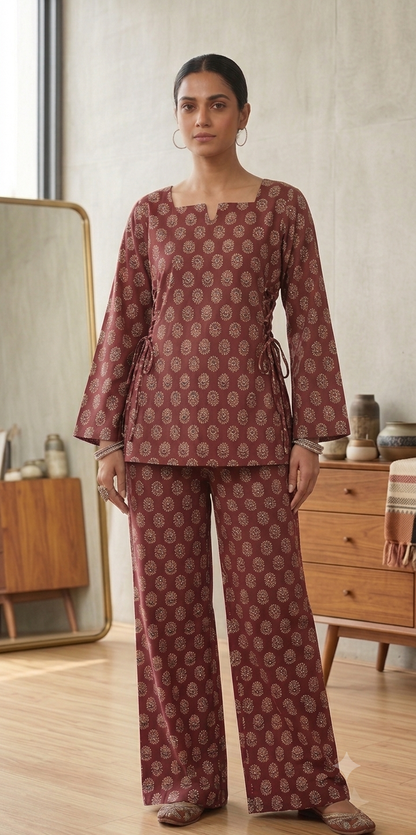 Women's Maroon Printed Co-Ord Set | Full Sleeve Side Tie Top & Wide Leg Pants | Ethnic Casual Wear