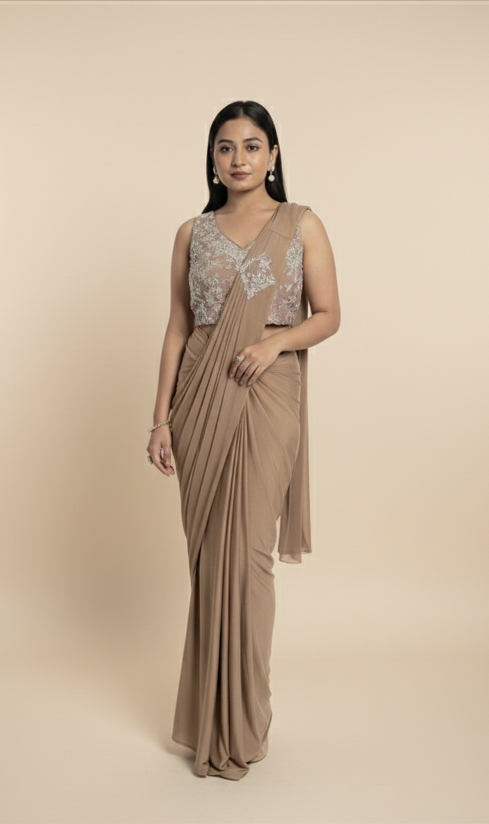 Cream Pre-Draped Saree with Sequin Blouse & Jacket Shows – Contemporary Party Wear Saree