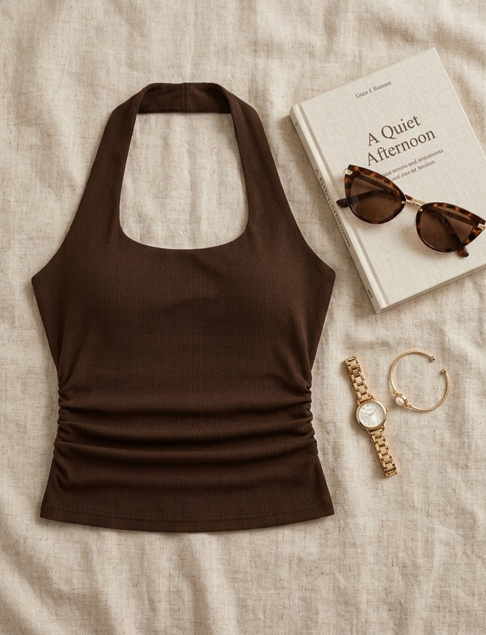 Elegant Ribbed Halter Neck Sleeveless Fitted Crop Top