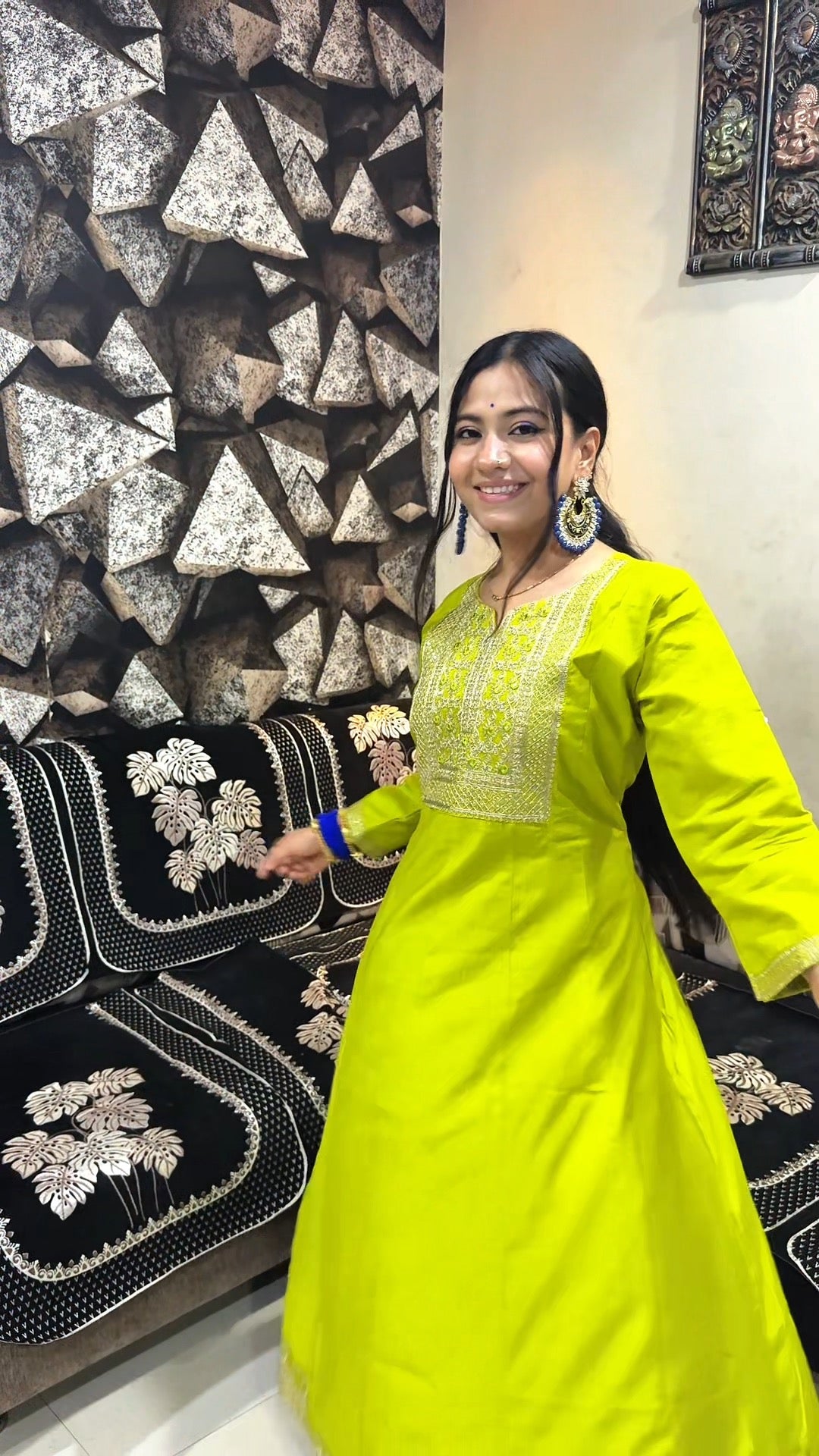 Lime Glow Embroidered Anarkali Set with Floral Dupatta