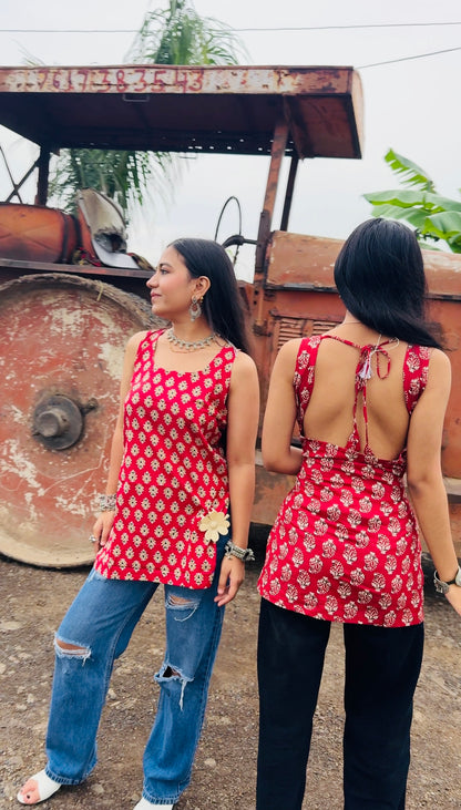 Handcrafted Cotton Short Kurti – Ikat & Block Print Boho Ethnic Top