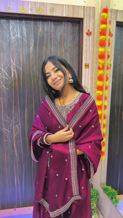 Embellished Maroon Anarkali Suit Set with Dupatta
