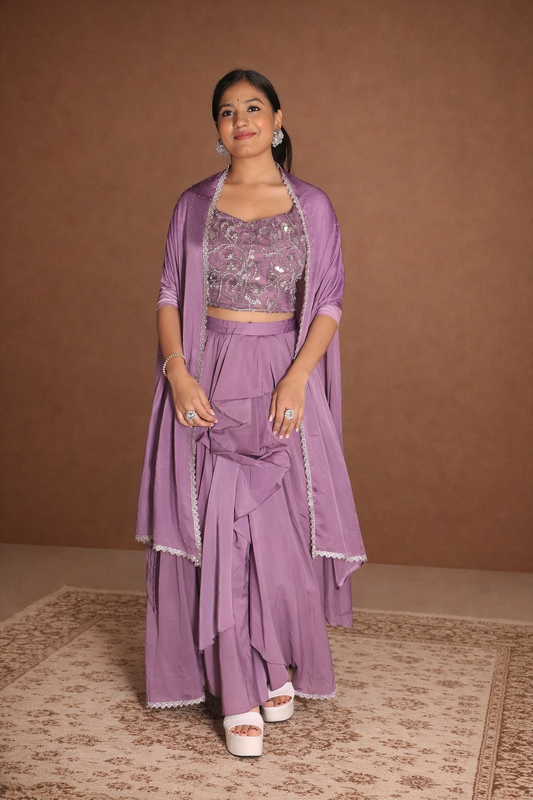 Lavender Embroidered Crop Top Set with Jacket – Elegant Festive Wear for Women
