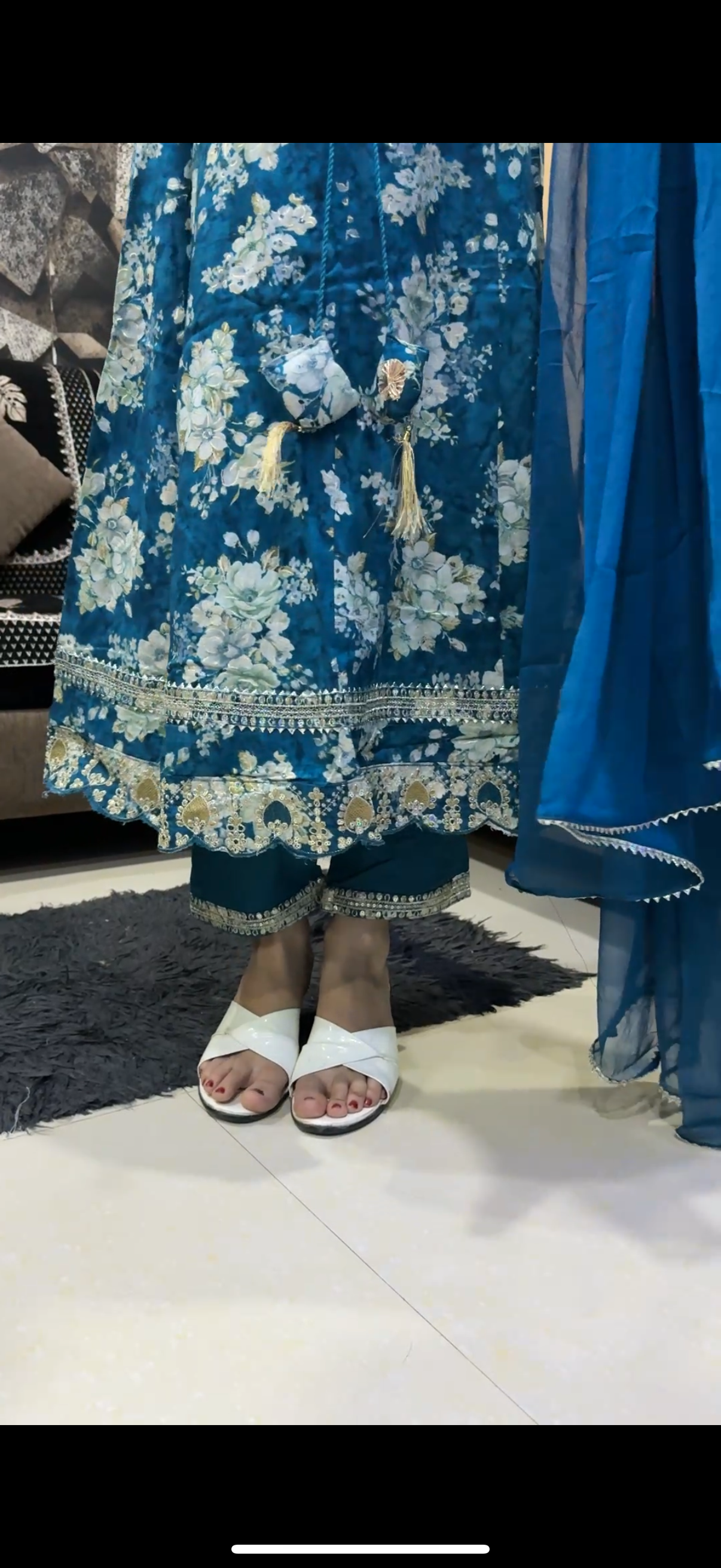 Teal Blue Floral Embroidered Anarkali Suit Set with Dupatta