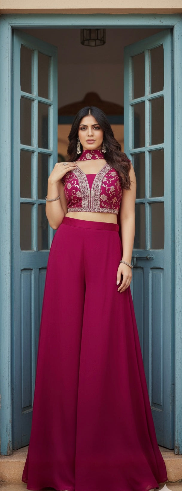 Royal Pink Embroidered Sharara Set with Sleeveless Blouse & Dupatta | Festive & Wedding Wear for Women