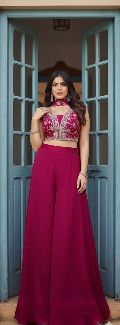 Royal Pink Embroidered Sharara Set with Sleeveless Blouse & Dupatta | Festive & Wedding Wear for Women