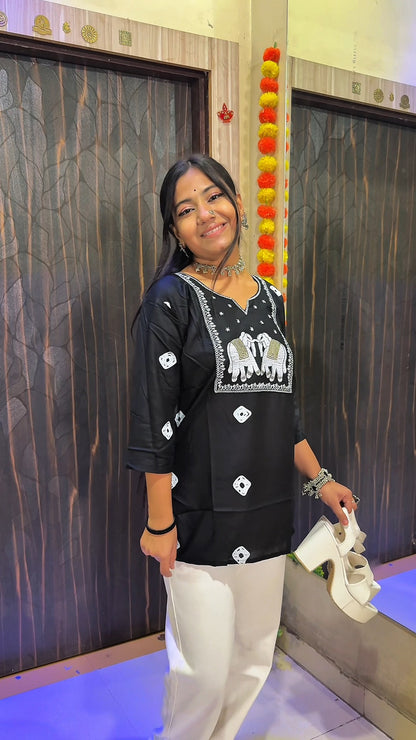 Elephant Embroidered Short Kurti