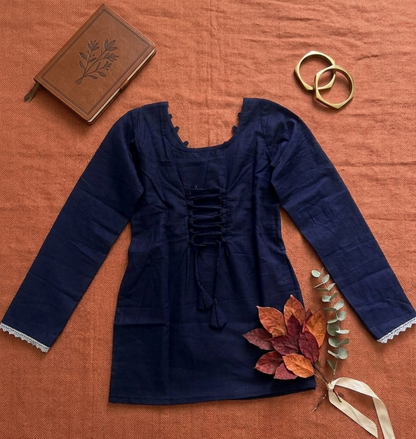 Navy Blue Solid Cotton Short Kurti with Pleated Front & Lace Sleeves