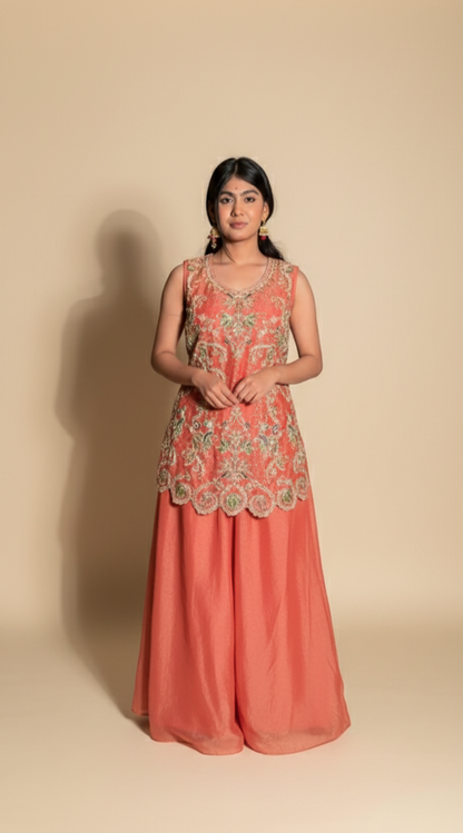 Women's Peach Coral Embroidered Shrara Set with Wide-Leg Palazzo & Dupatta Set | Festive Wear