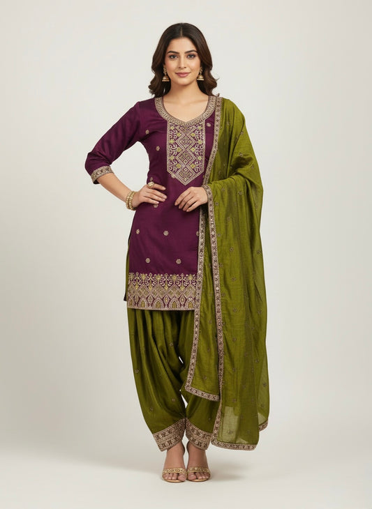 Plum & Olive Green Embroidered Salwar Kameez Set with Gota Patti Accents