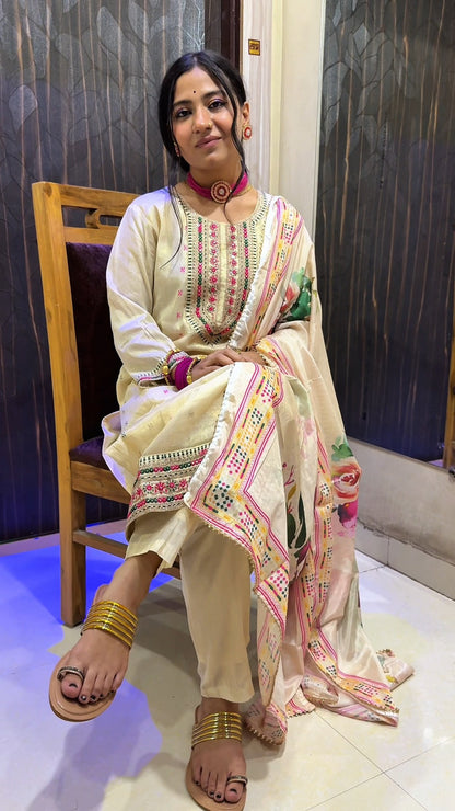 Elegant Cream Ethnic Suit with Multicolor Embroidery & Dupatta