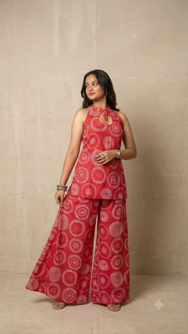 Women's Red Printed Co-Ord Set | Sleeveless Halter Neck Top & Wide Leg Pants | Summer Casual Wear