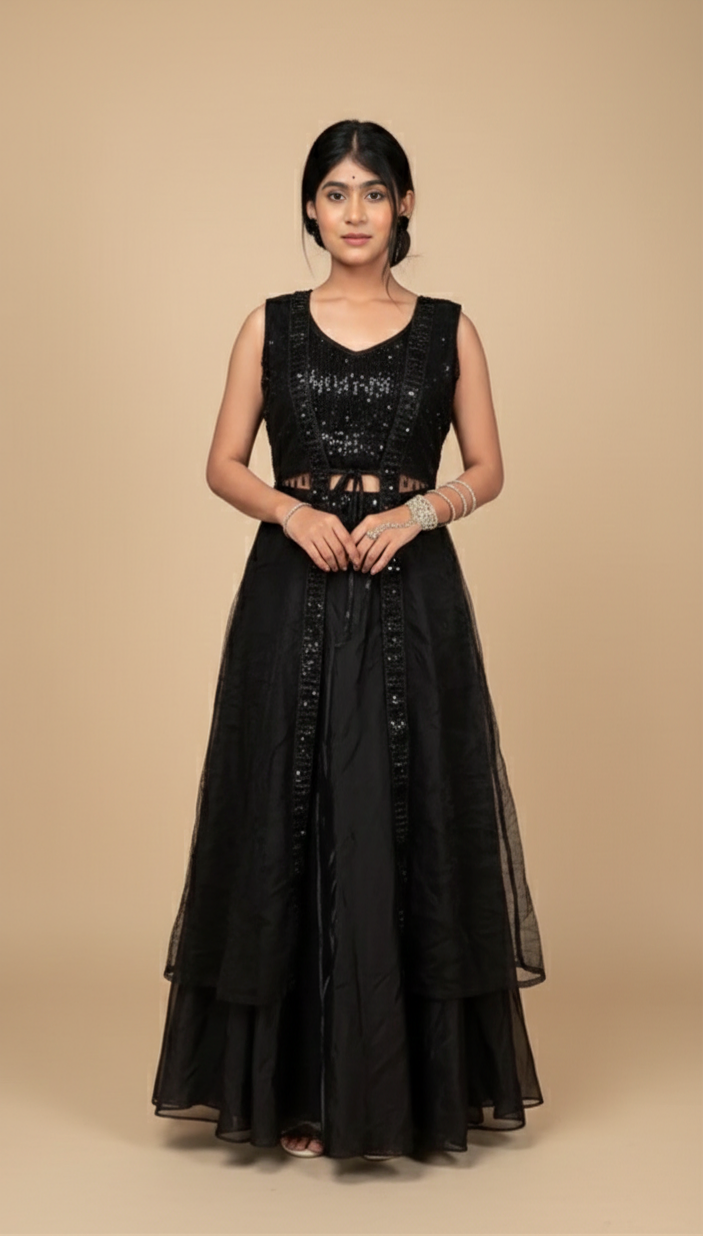 Black Sequin Layered Crop Top with Tie-Up Waist – Elegant Evening & Festive Wear
