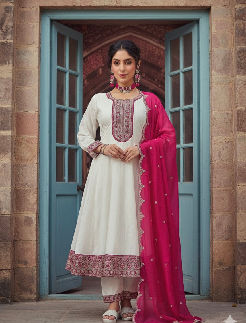 Embroidered Anarkali Suit Set with Scalloped Dupatta