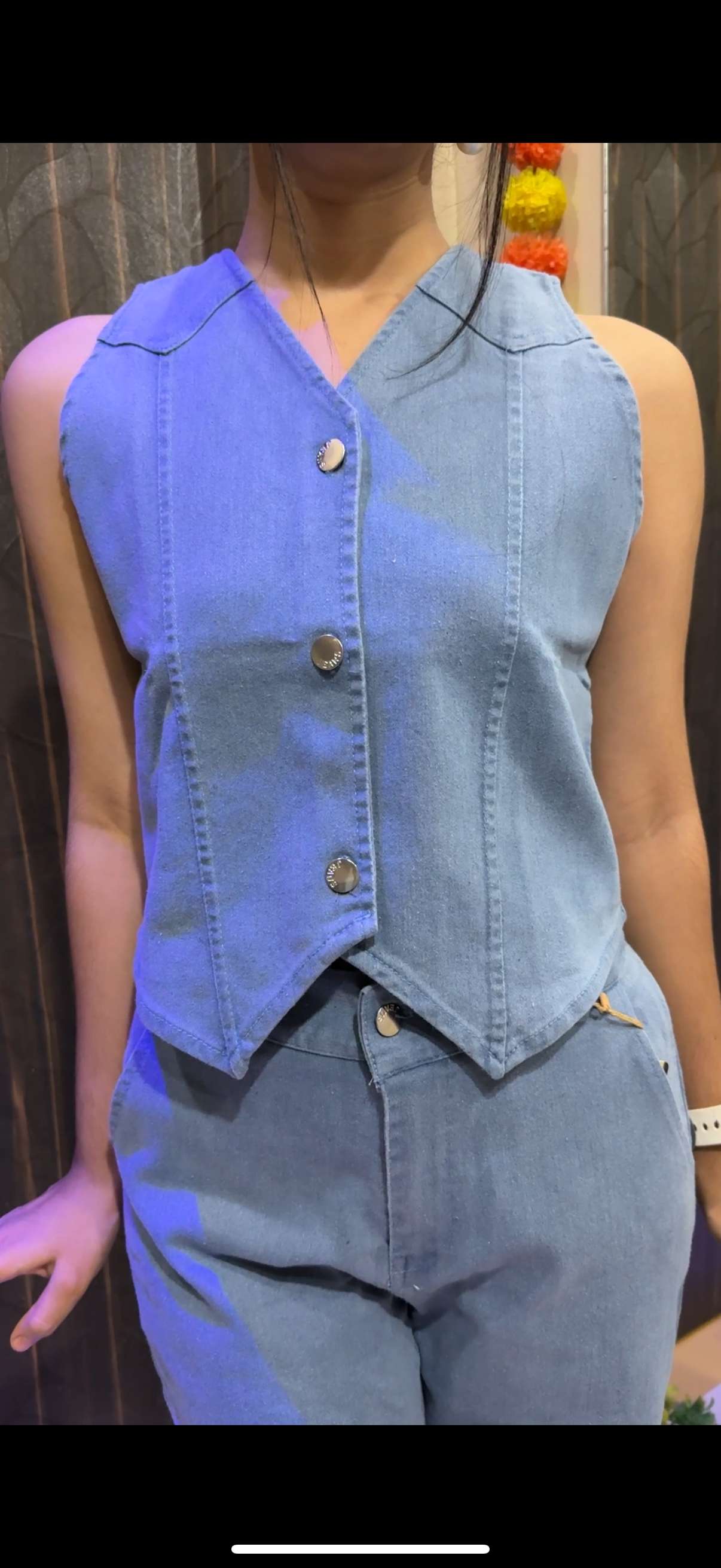 Women’s Light Blue Denim Co-ord Set – Sleeveless Buttoned Vest & Straight-Fit Pants