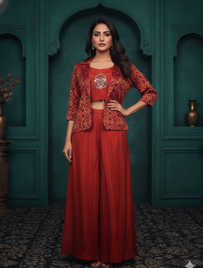 Rust Crimson Embroidered Shrara Set with Geometric Printed Jacket