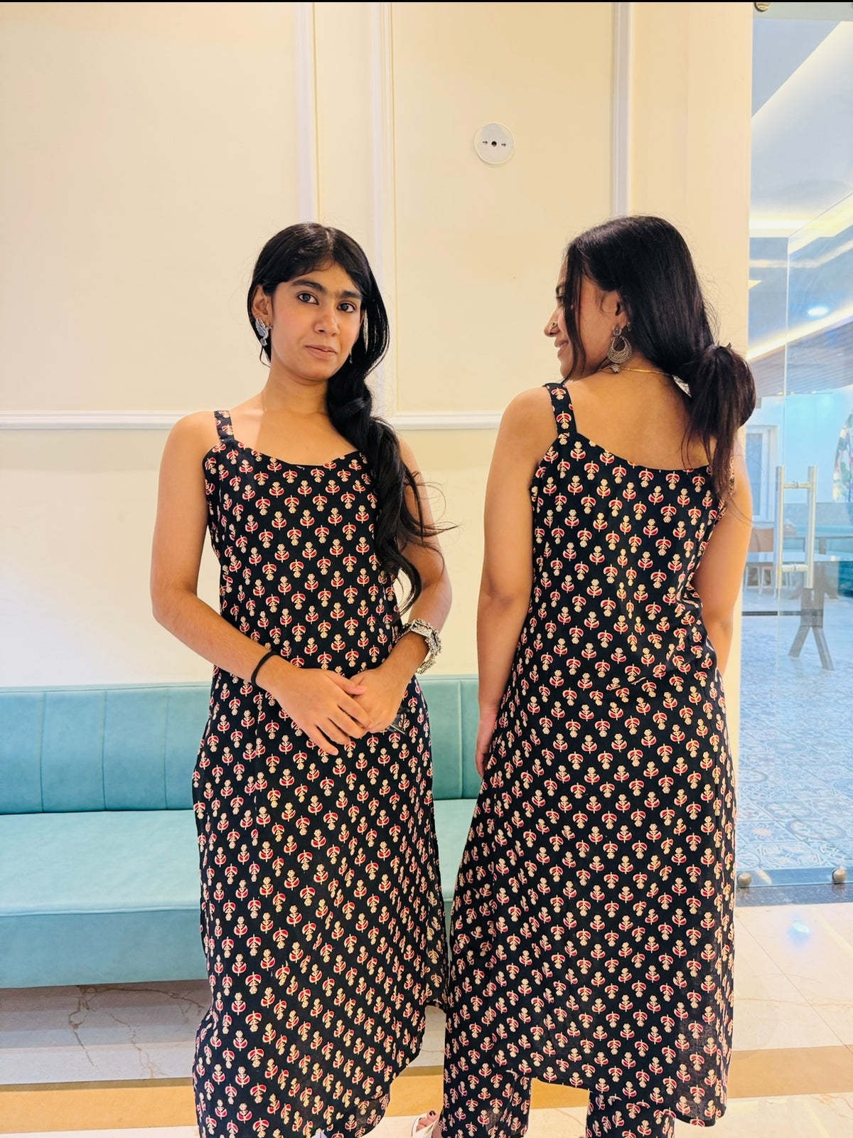Handcrafted Cotton Kurta Set – Black Block Print Strappy Kurta with Matching Pants
