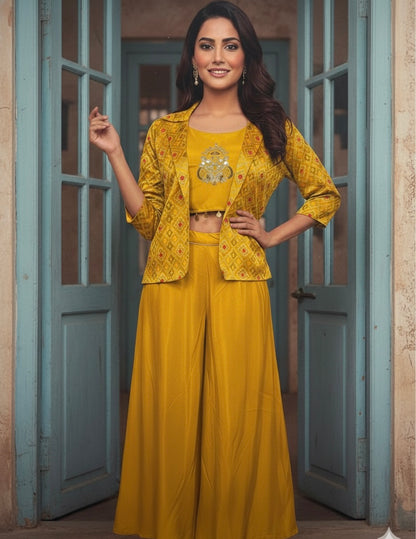 Yellow Crimson Embroidered Shrara Set  with Geometric Printed Jacket