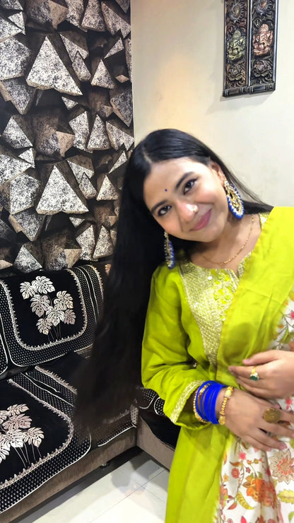 Lime Glow Embroidered Anarkali Set with Floral Dupatta
