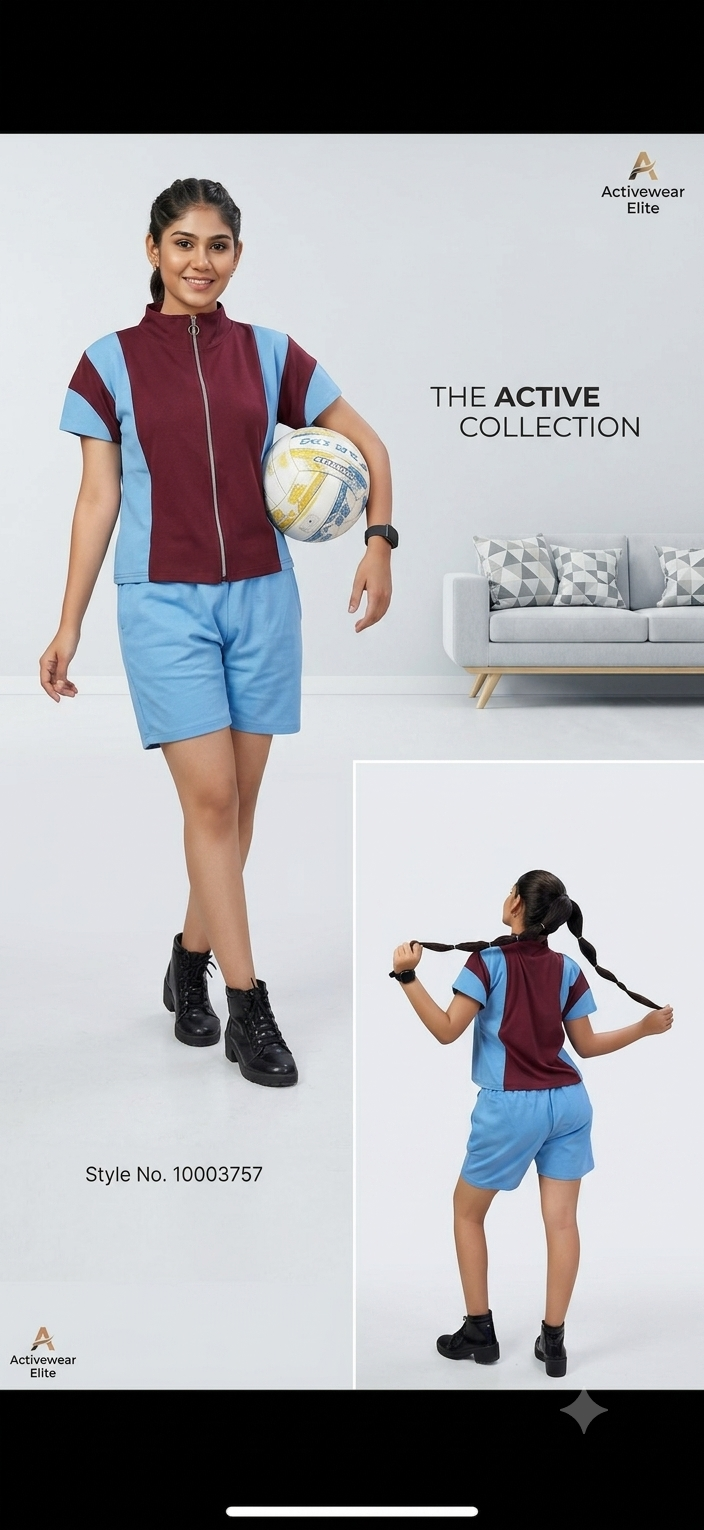 Women's Activewear Elite Color Block Zip-Up Sports Co-Ord Set – Navy Blue & Sky Blue Shorts Set