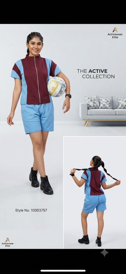 Women's Activewear Elite Color Block Zip-Up Sports Co-Ord Set – Navy Blue & Sky Blue Shorts Set
