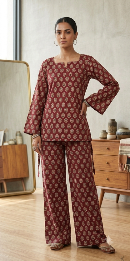 Women's Maroon Printed Co-Ord Set | Full Sleeve Side Tie Top & Wide Leg Pants | Ethnic Casual Wear