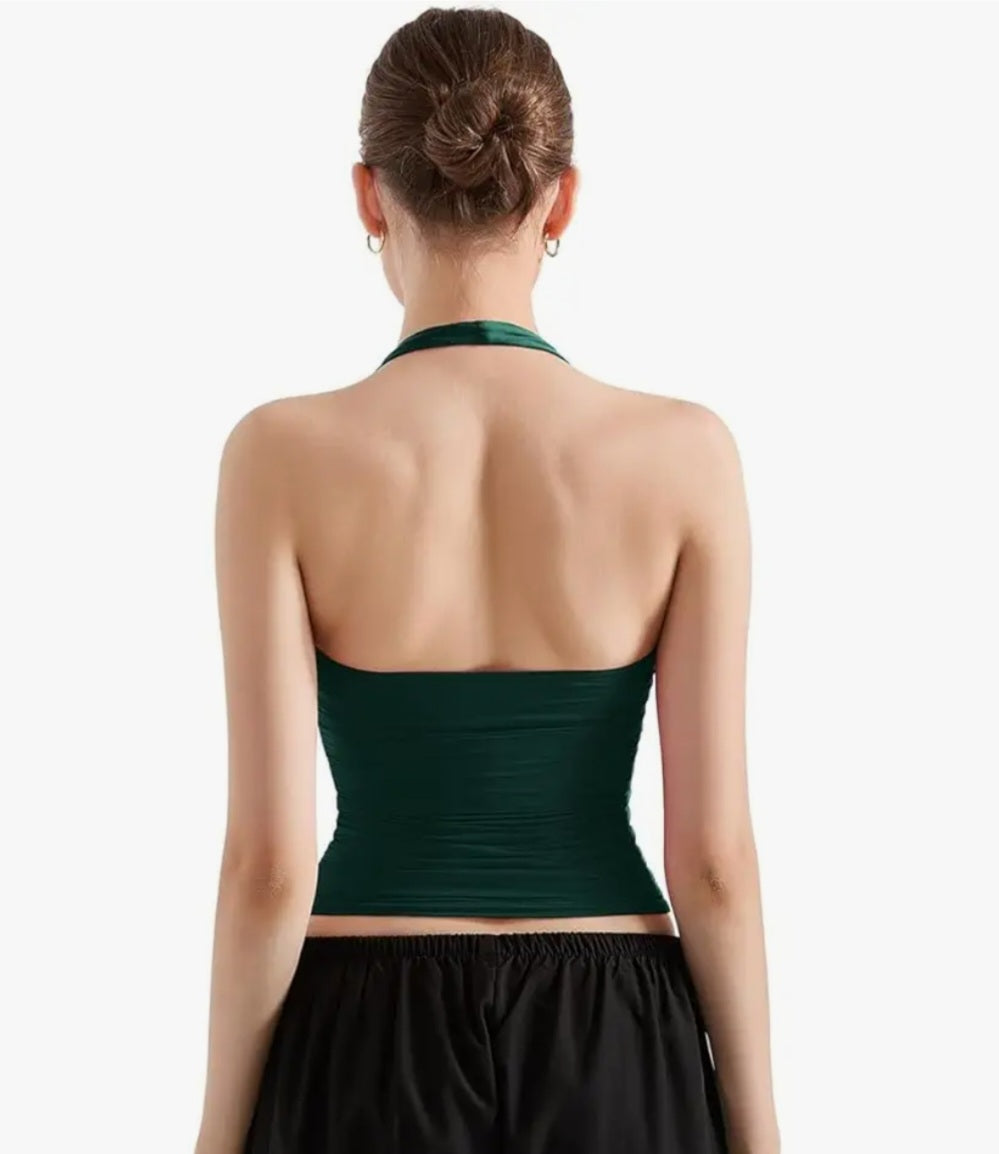 Elegant Ribbed Halter Neck Sleeveless Fitted Crop Top