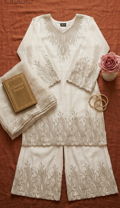 Ivory Embroidered Kurta Set with Dupatta & Straight Pants