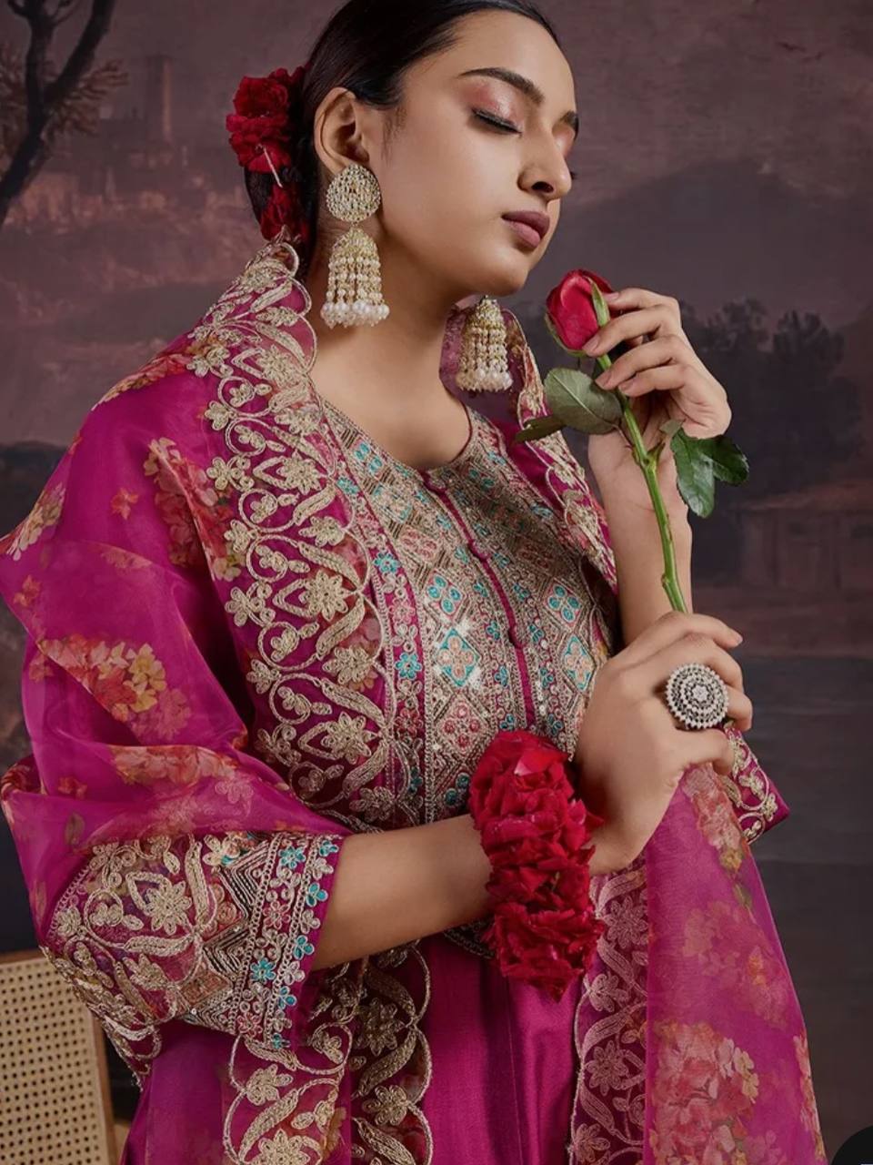 Magenta Silk Anarkali Suit with Gota Patti Embroidery & Floral Organza Dupatta