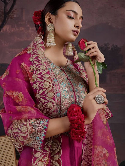 Magenta Silk Anarkali Suit with Gota Patti Embroidery & Floral Organza Dupatta