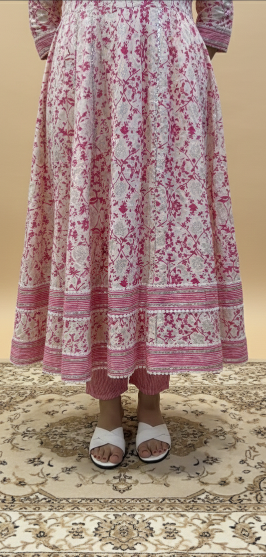 Blush Floral Printed Anarkali Gown with Pink Cotton Dupatta – Breezy Summer Ethnic Wear