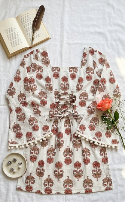 Vintage Floral Lace-Up Cotton Short Kurti with Bell Sleeves