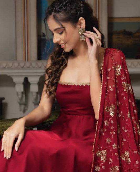 Wine Red Anarkali Kurta Set with Embroidered Dupatta – Elegant Festive & Wedding Wear